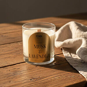 Candle with cedar, musk, and lavender scent