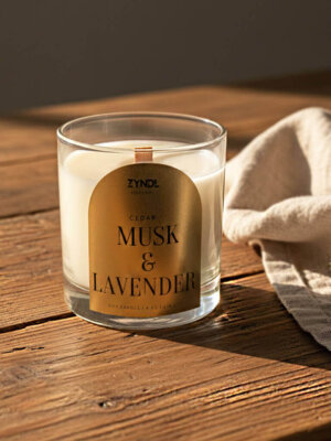 Candle with cedar, musk, and lavender scent