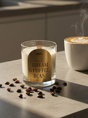 Coffee scented candle and coffee on a countertop