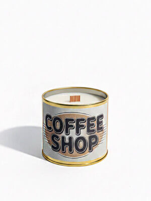 Candle labeled 'Coffee Shop' design