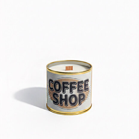 Candle labeled 'Coffee Shop' design