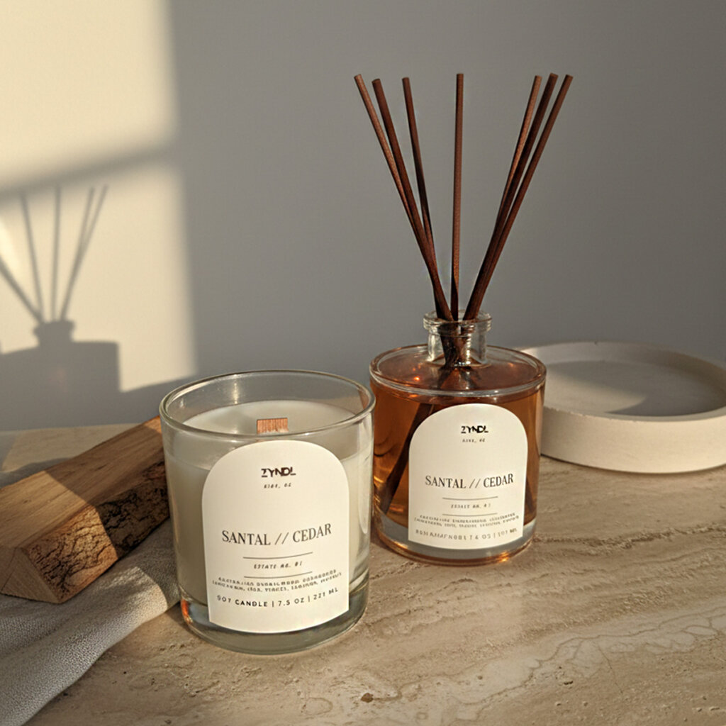 Candles and diffuser on table