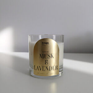 Candle with cedar, musk, and lavender