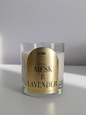 Candle with cedar, musk, and lavender
