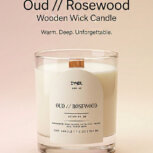 Oud rosewood scented candle advertisement. Oud scented candle