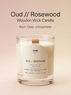 Oud rosewood scented candle advertisement. Oud scented candle