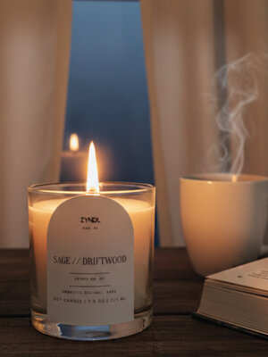 driftwood candle and steaming mug