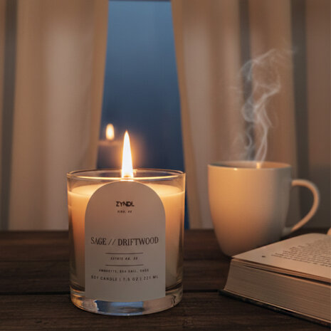 Sage candle driftwood candle and steaming mug