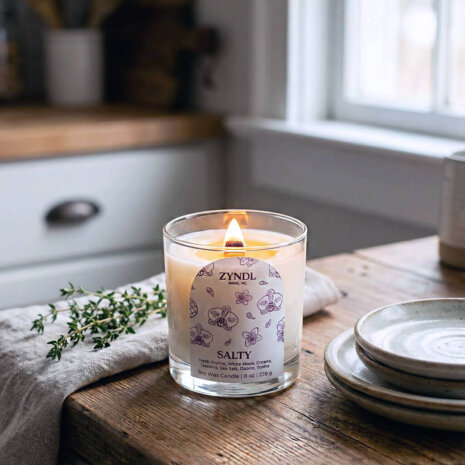 Sea salt and orchid candle Sea salt and orchid candle on wooden table with herbs