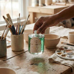 Hand holding citrus scented reed diffuser in art studio