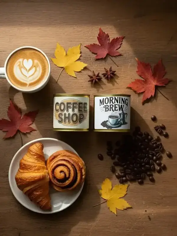 Coffee, pastries, candles, and autumn leaves.