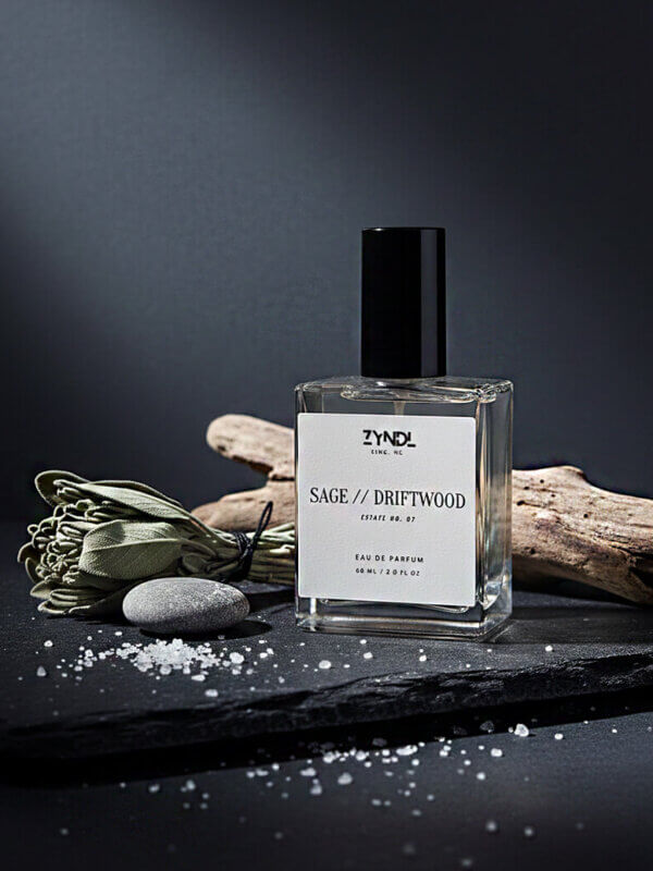 iced bergamot and driftwood Fragrance bottle with natural elements.