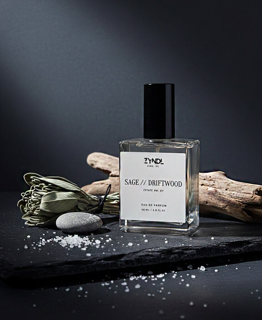 iced bergamot and driftwood Fragrance bottle with natural elements.