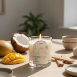 Mango coconut milk candle with tropical elements.