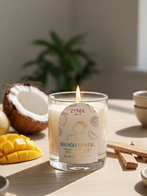Mango coconut milk candle with tropical elements.