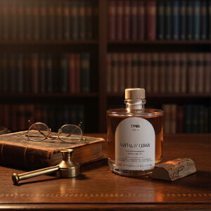 Santal cedar diffuser on wooden table