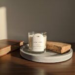 Non-toxic soy wax pet safe candles on a living room shelf