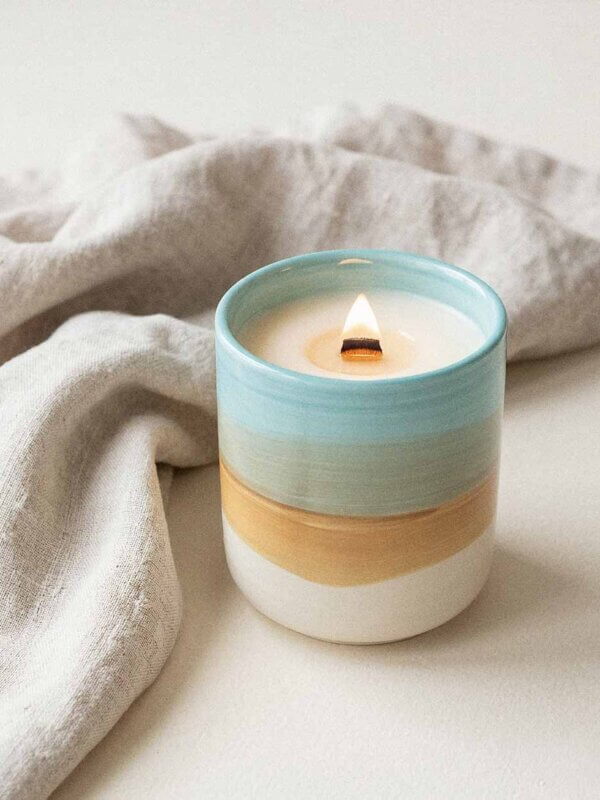 ozone candle linen scented candle. ozone candle. Handmade soy candle in ceramic vessel. Part of Zyndl's Beach and Clean scent collection. Handcrafted in King, NC.