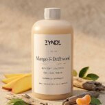 tropical floor cleaner with mango slices and wood on white background