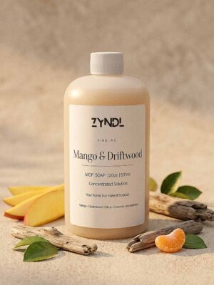 tropical floor cleaner with mango slices and wood on white background