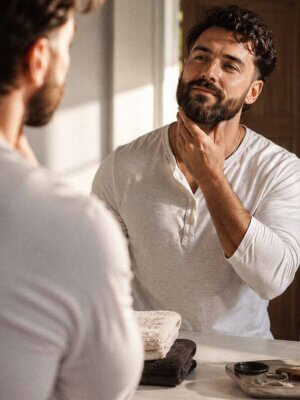 Man applying good smelling beard oil in mirror, Zyndl Sure Thing beard oil fragrance with plum peach leather patchouli and vanilla