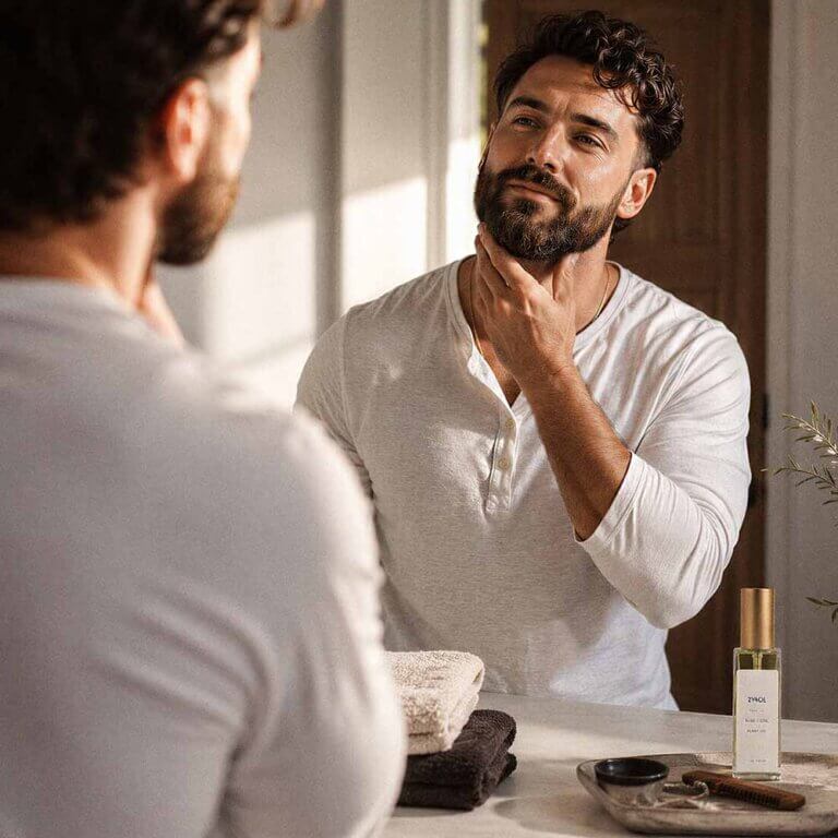 Man applying good smelling beard oil in mirror, Zyndl Sure Thing beard oil fragrance with plum peach leather patchouli and vanilla