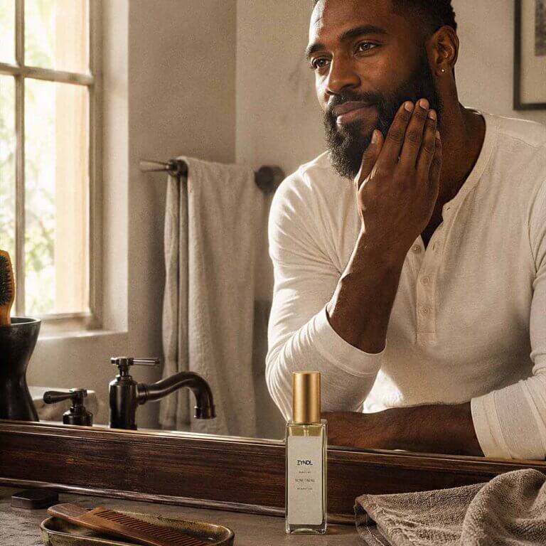 Zyndl beard oil bottle with groomed beard in background, natural mens beard oil handmade in King NC