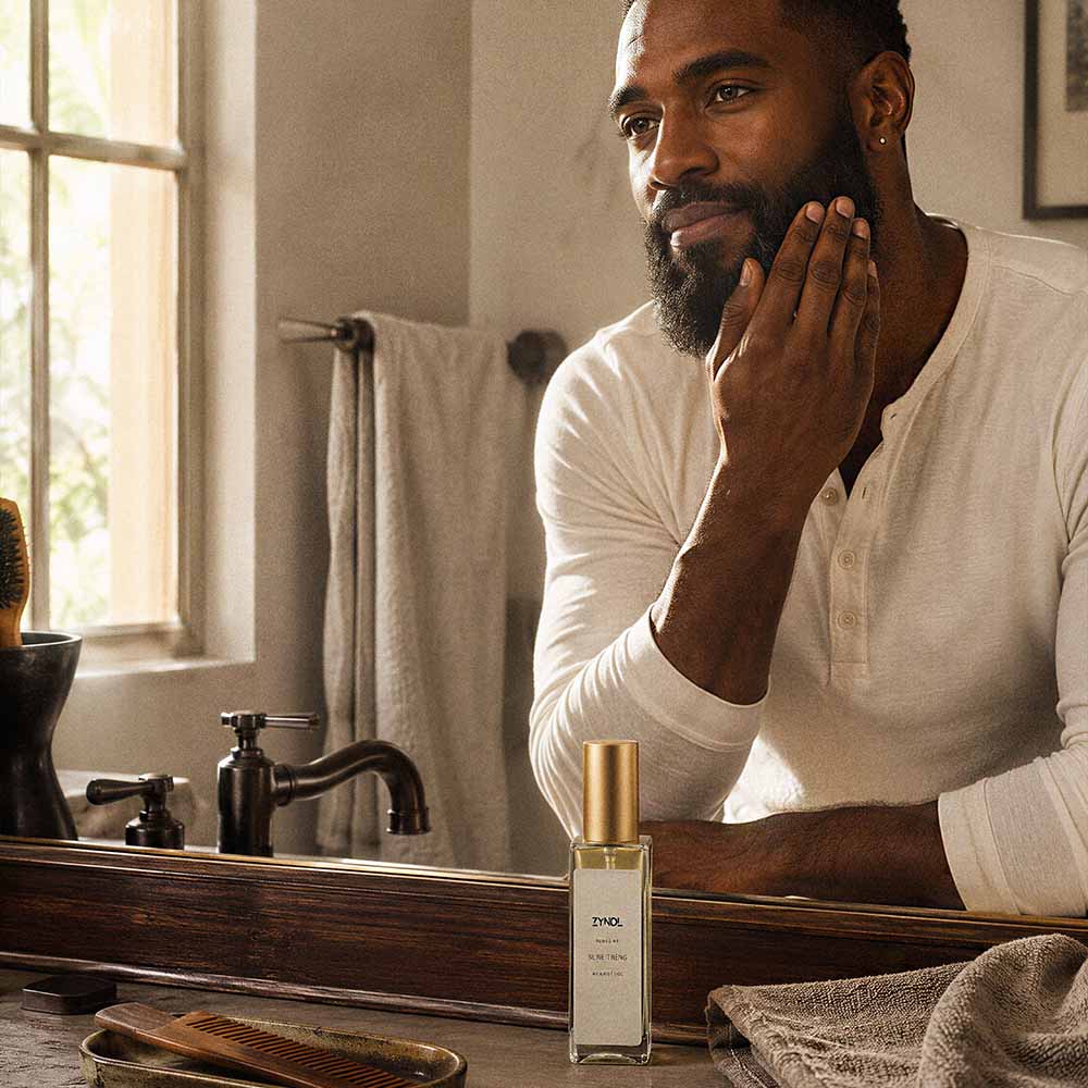 Zyndl beard oil bottle with groomed beard in background, natural mens beard oil handmade in King NC
