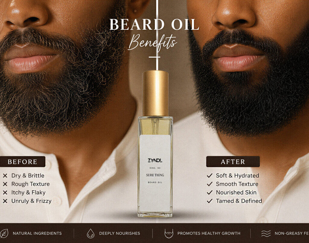 Split image or two-panel: left side shows a dry, rough-looking beard, right side shows a healthy, conditioned beard.