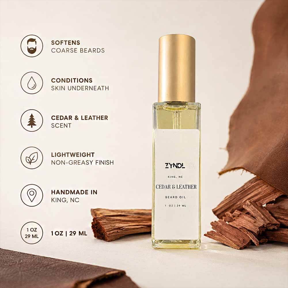 Cedar and Leather beard oil label, Zyndl small-batch natural beard oil for men King NC