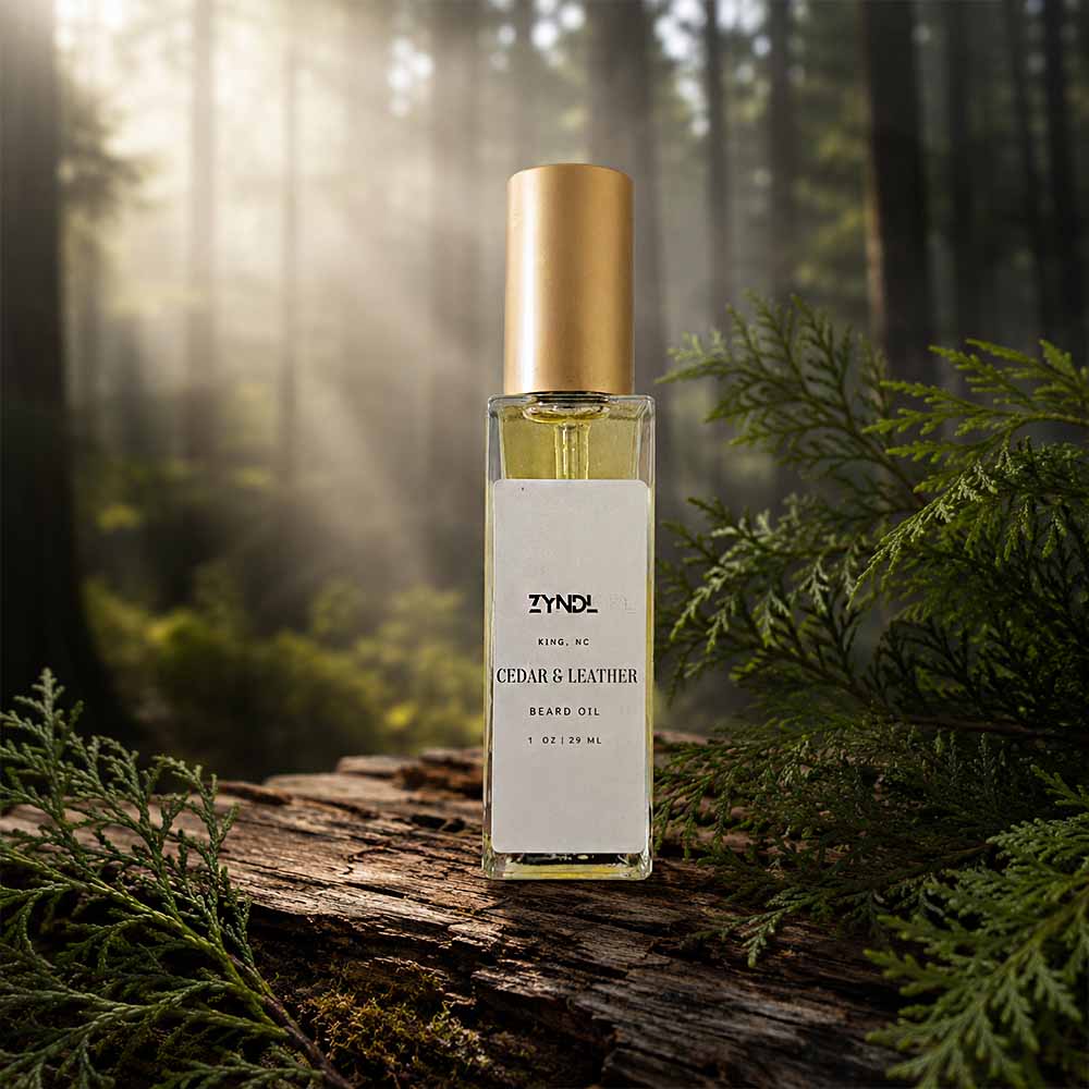 Cedar and Leather beard oil by Zyndl is a natural mens beard oil handmade in King, NC.